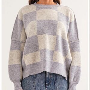 Oversized Checkerboard Crewneck Sweater - Light Gray & Cream